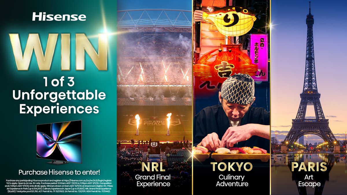 Buy a Hisense TV, soundbar or projector for your chance to win an experience you’ll never forget! T&amp;Cs apply. Ends 03.09.25.

Shop: bit.ly/3H5oNS2
Stores: bit.ly/3Yg0HHi

#competition #chancetowin #nrlgrandfinal #tokyo #paris