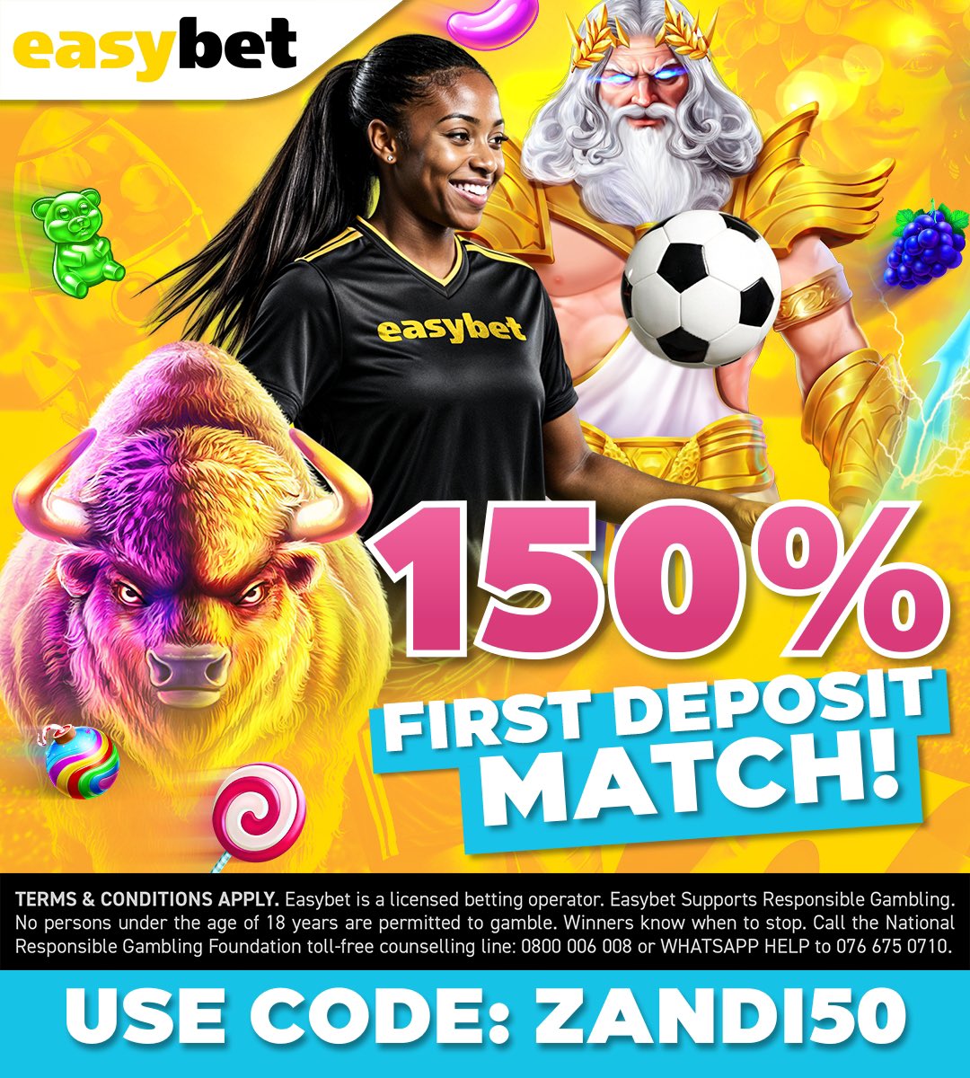 Sign up on Easybet today and get up to 150% for your first deposit match

if you deposit R100 as your first deposit you then get R150 as your deposit match,which will be R250 in total.

💰Not yet on Easybet?
💰Sign up using my promo code ZANDI50 to get a R50 Sign-Up Bonus + 25