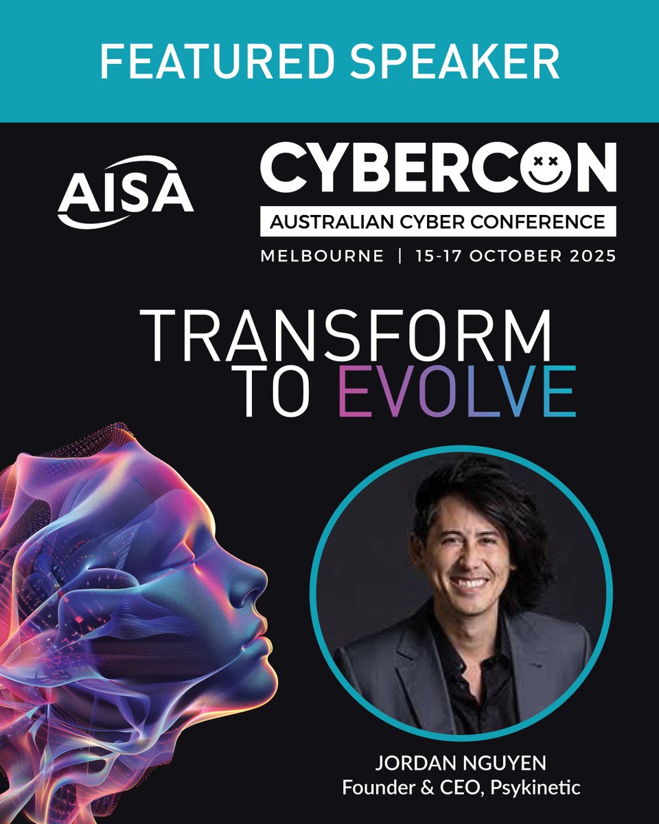 AISA National (@aisa_national) on Twitter photo Founder and CEO of Psykinetic – <a href="/DocJordy/">Dr Jordan Nguyen</a> features at #CyberConMelbourne25.
Read more: zurl.co/R2nRa
Tickets: zurl.co/5Yqw7
#CyberConMelbourne2025 #CyberSecurity #AuCyberCon25 Founder and CEO of Psykinetic – <a href="/DocJordy/">Dr Jordan Nguyen</a> features at #CyberConMelbourne25.
Read more: zurl.co/R2nRa
Tickets: zurl.co/5Yqw7
#CyberConMelbourne2025 #CyberSecurity #AuCyberCon25