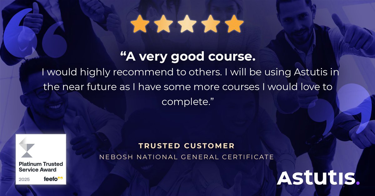 Happy #Feefo Friday to our incredible #AstutisCommunity! 🌍✨ We're celebrating with a glowing 5-star review from one of our #NEBOSH  learners. Your achievements inspire us and we’re dedicated to providing top-tier service at every step of your journey! #CustomerReview