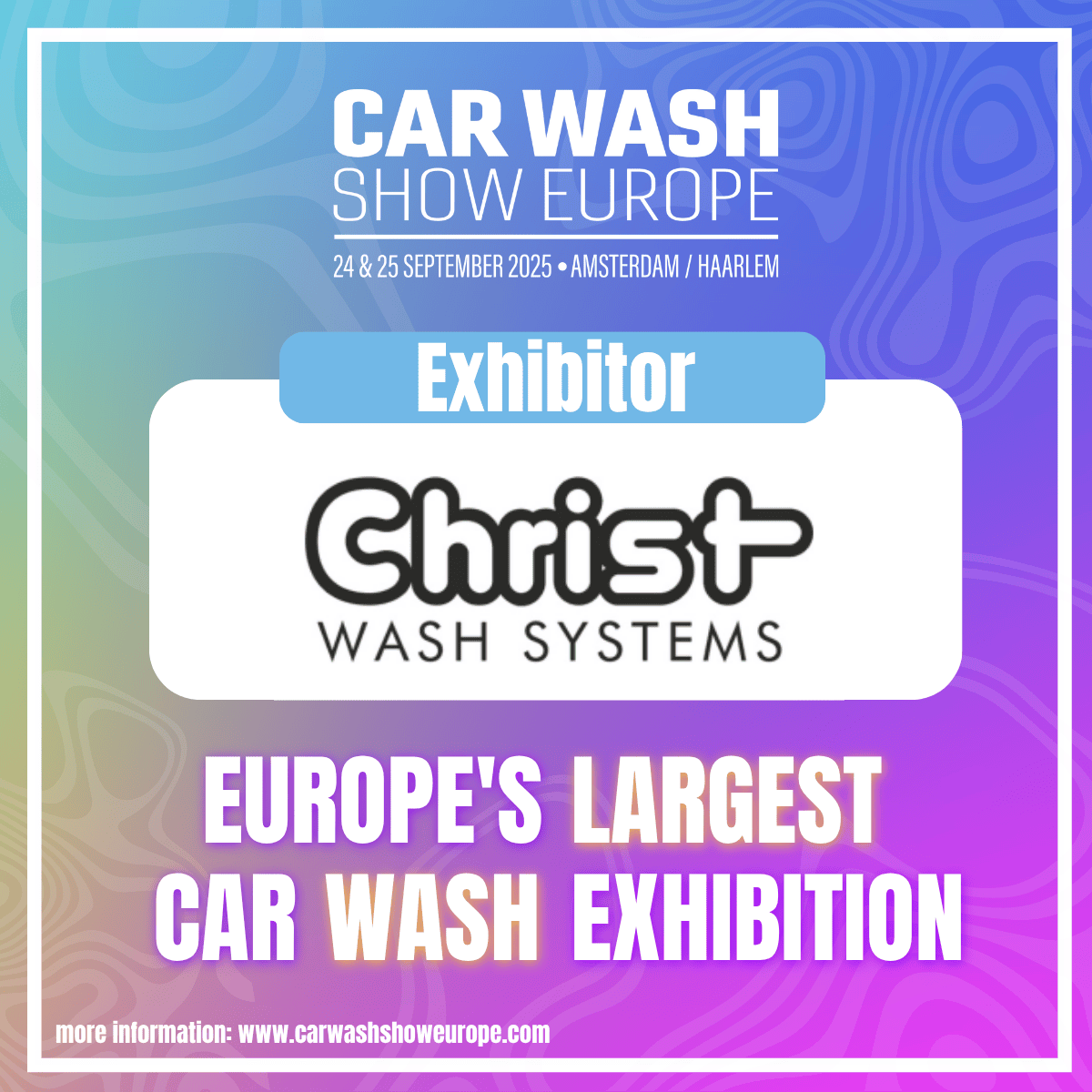 Join us at CAR WASH SHOW EUROPE 2025!

📅 September 24 &amp; 25 | 📍 Amsterdam / Haarlem
Europe’s largest exhibition dedicated to professional car washing!

🎟️ Register for free now via our partner link:
carwashshoweurope.com/registration/?…

#CarWashShowEurope #CarWashExhibition #B2B