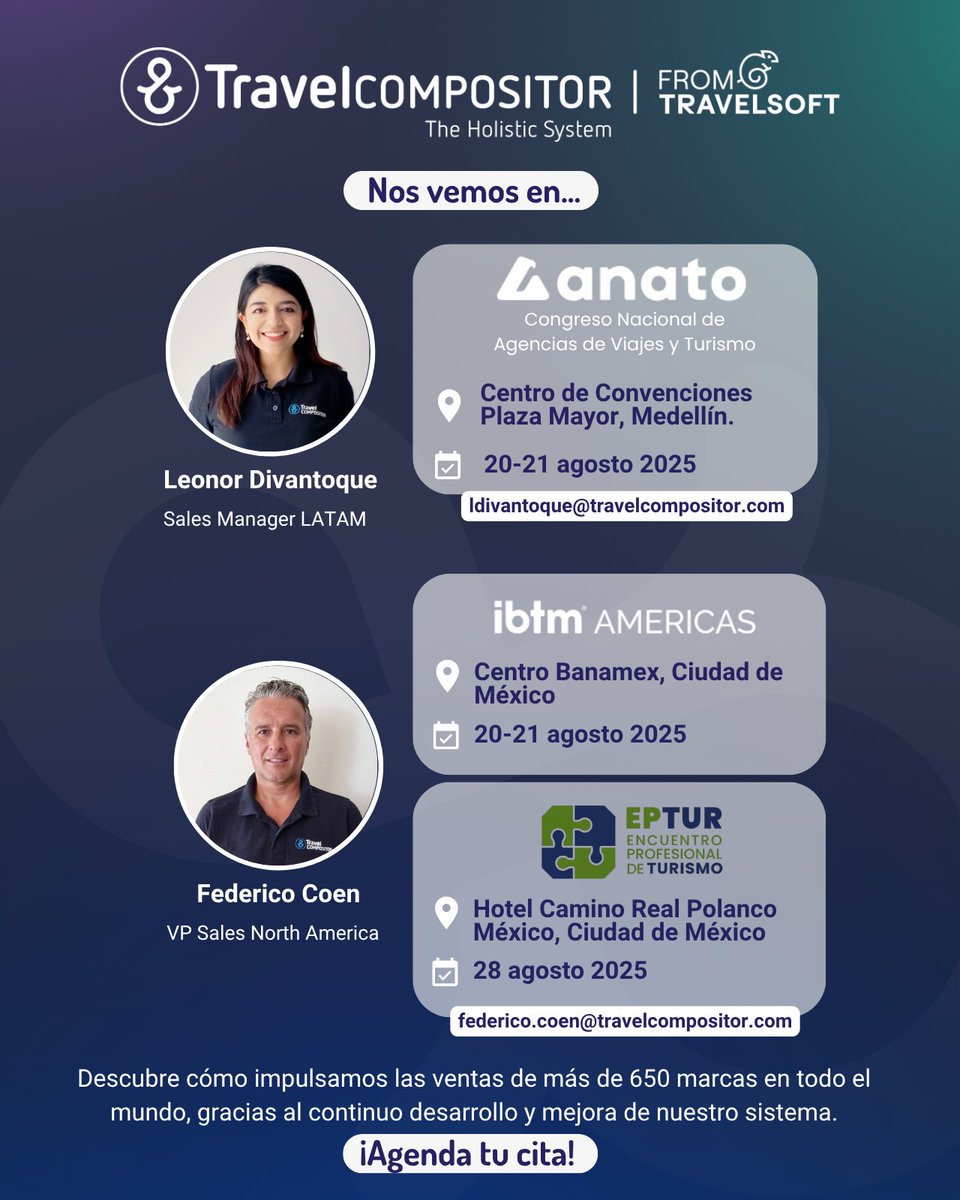 A finales de mes estaremos presentes en tres ferias clave del sector turístico en Colombia y México 

¿Nos vemos allí?  ¡Contacta con nosotros!  
📍Medellín – ANATO ldivantoque@travelcompositor.com   

📍CDMX – IBTM Americas
📍CDMX – EPTUR 
federico.coen@travelcompositor.com