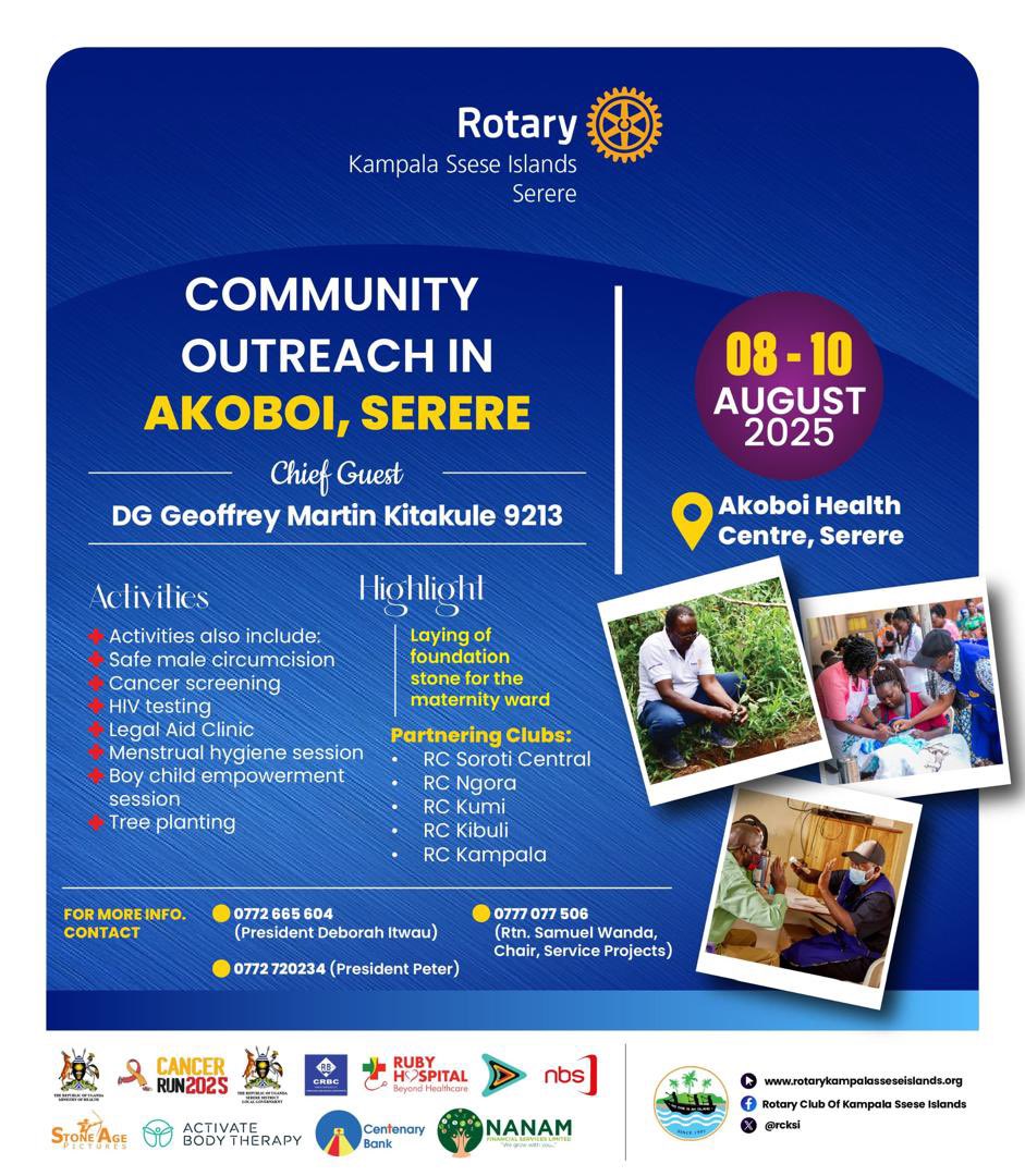 Bringing hope to Akoboi, Serere.
From safe male circumcision to cancer screening, legal aid to tree planting, Rotary is serving where it matters most from 8th to 10th of August.
#ServiceAboveSelf #RotaryForCommunities #SerereOutreach