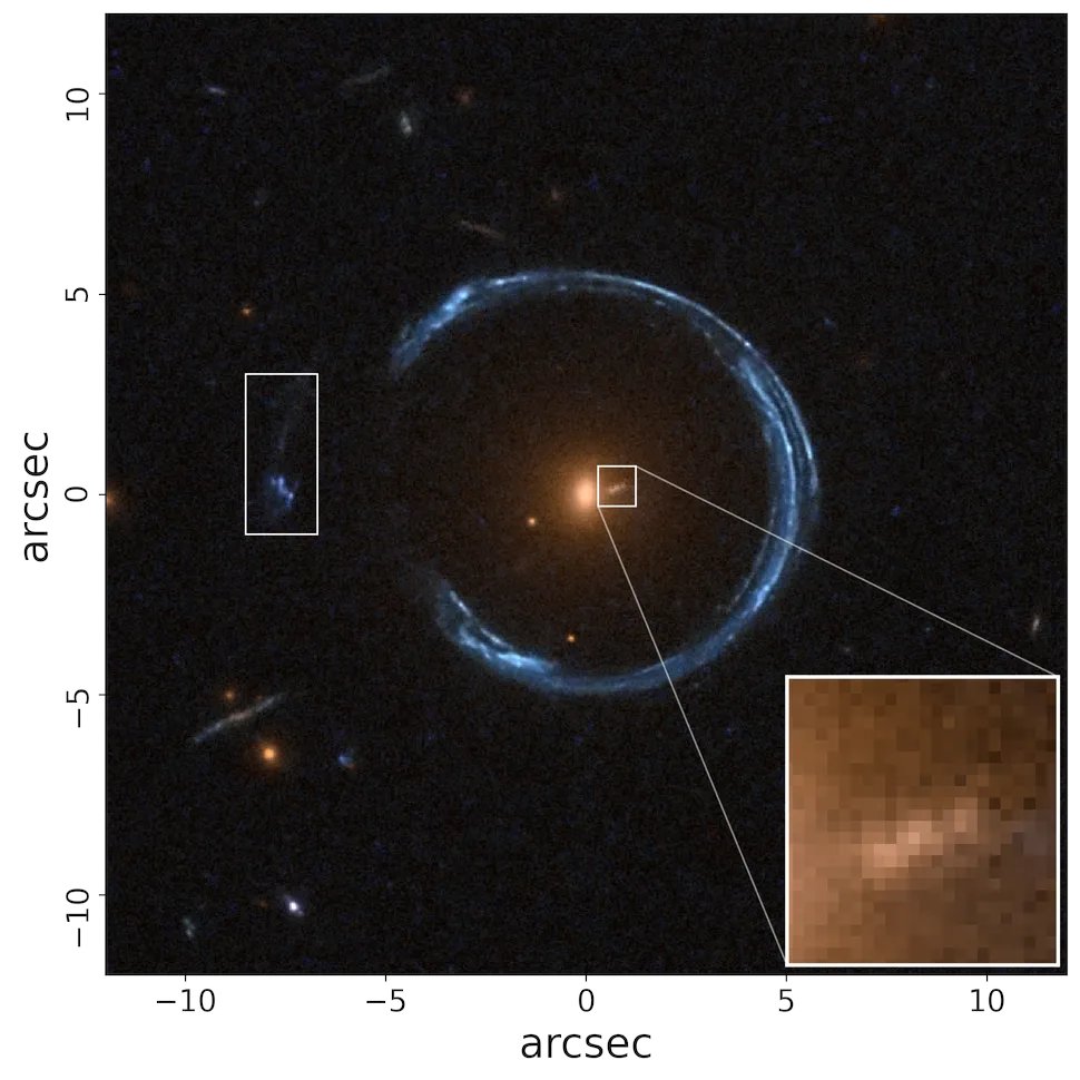 Wow!
Calculen la massa del forat negre que s'amaga dins d'una de les galàxies del sistema Ferradura Còsmica. Aquesta bèstia provoca distorsions en la llum d'una altra galàxia en segon pla, i el resultat és aquesta figura circular tan impactant.
La massa? 36.000 milions de sols!