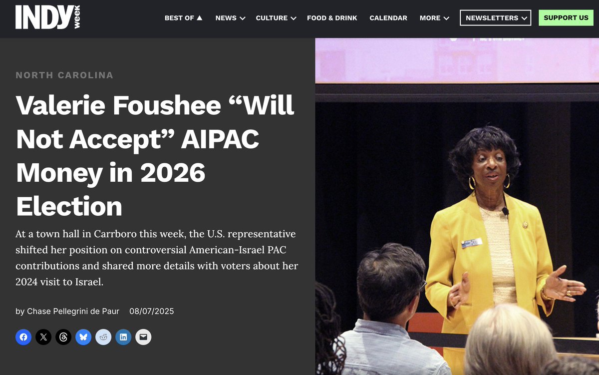 AIPAC Tracker (@trackaipac) on Twitter photo Rep. <a href="/ValerieFoushee/">Congresswoman Valerie Foushee</a> says she will not accept AIPAC contributions during her 2026 campaign.
She received >$2 million in support from the Israel lobby group to help her defeat <a href="/NidaAllam/">Nida Allam ☀️</a> in the 2022 #NC04 Democratic primary election. Rep. <a href="/ValerieFoushee/">Congresswoman Valerie Foushee</a> says she will not accept AIPAC contributions during her 2026 campaign.
She received >$2 million in support from the Israel lobby group to help her defeat <a href="/NidaAllam/">Nida Allam ☀️</a> in the 2022 #NC04 Democratic primary election.
