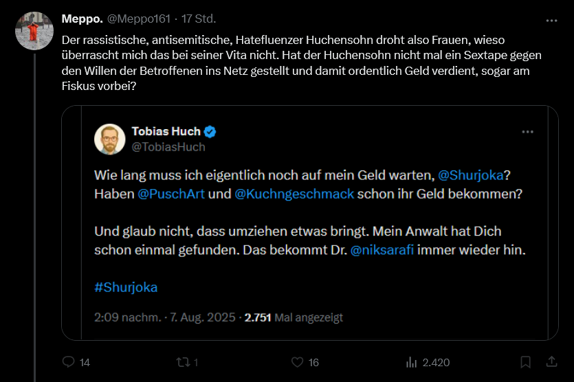 Guten Morgen
<a href="/Meppo161/">Meppo.</a>, der gerne Frauen im Internet stalkt, bedroht, sexualisiert und aufs Übelste beleidigt möchte wieder eine Abmahnung kassieren <a href="/TobiasHuch/">Tobias Huch</a>.