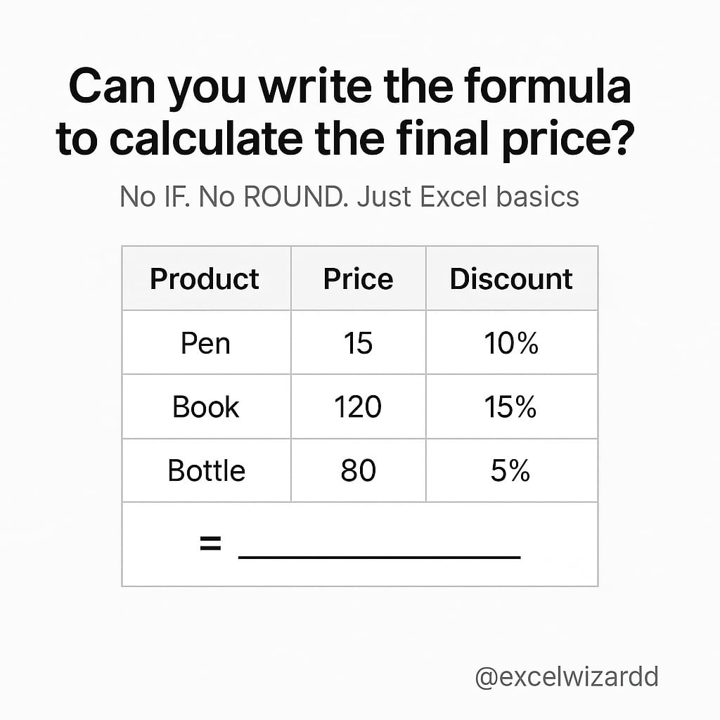excelwizardd's tweet image. 🚨 #FormulaFriday

You have this table:

Product.      Price.      Discount Pen.               15.              10%
Book.             120.           15%
Bottle.            80.             5%

Q: Fill in the formula to calculate the final price after discount.

#NAME?

📌 Hint:…