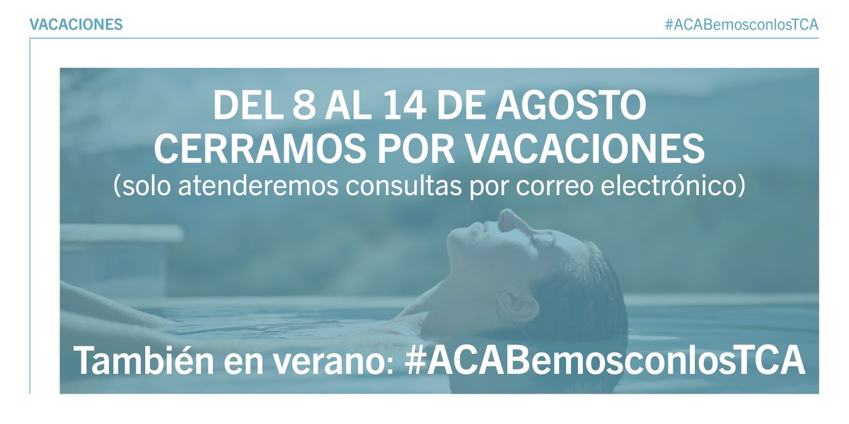 DEL 8 AL 14 D’AGOST TANQUEM PER VACANCES:
Des de avui 8 d'agost estem de vacances però tindrem obert el nostre servei d'atenció per correu electrònic.
Del 18 al 29 d'agost t'atendrem també de 10 a 13 h al telèfon 626 144 461.
I el dilluns 1 de setembre tornarem.
#tca #vacances