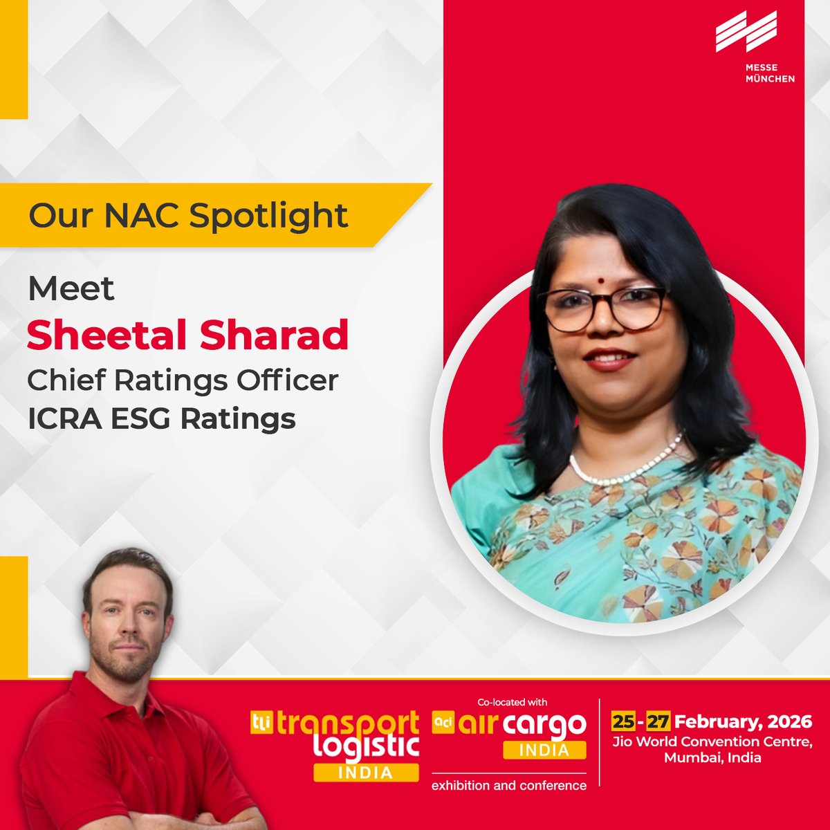 We are honored to welcome Ms. Sheetal Sharad, Chief Ratings Officer at ICRA ESG Ratings, to transport logistic India 2026.

🔗 Register to Exhibit: shorturl.at/DiMWS

📍 Date: 25–27 February 2026

📍 Venue: Jio World Convention Centre, Mumbai