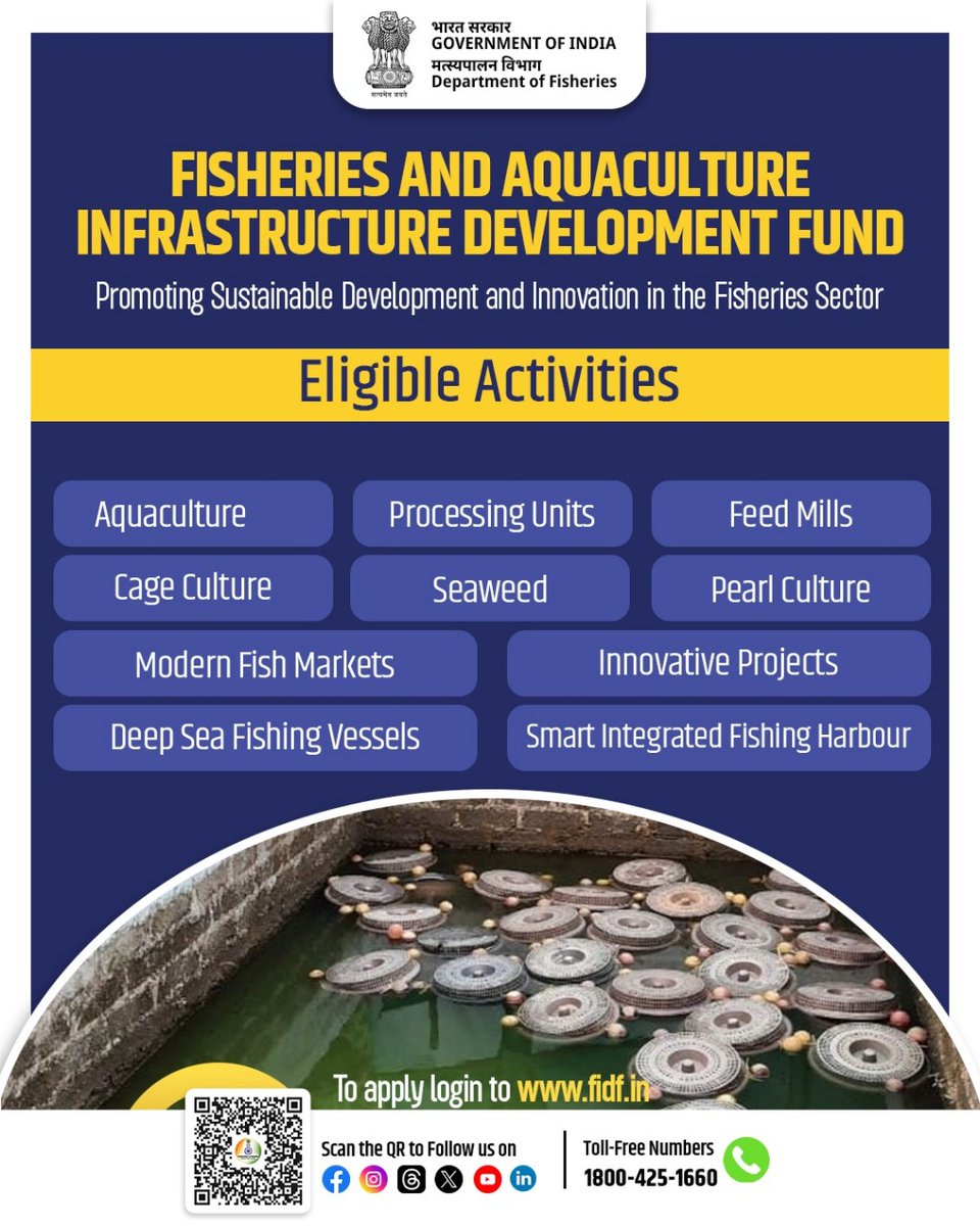 Boost fisheries growth with the Fisheries and Aquaculture Infrastructure Development Fund (FIDF) – supporting projects like aquaculture, cage culture, seaweed farming, modern fish markets, deep-sea vessels, and more.
Apply now at fidf.in | Toll-free: 1800-425-1660