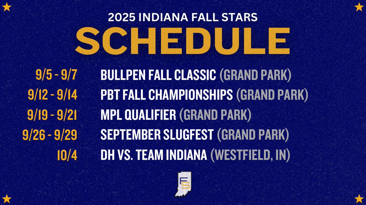 Indiana Fall Stars (@indy2022) on Twitter photo Our 𝗙𝗮𝗹𝗹 𝗦𝗰𝗵𝗲𝗱𝘂𝗹𝗲 is here!
Game times and pitching rotations will be released prior to each tournament. 
#SkoStars⭐️ Our 𝗙𝗮𝗹𝗹 𝗦𝗰𝗵𝗲𝗱𝘂𝗹𝗲 is here!
Game times and pitching rotations will be released prior to each tournament. 
#SkoStars⭐️
