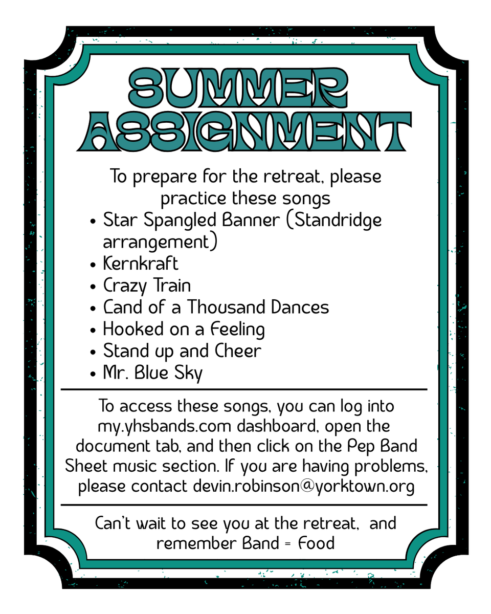 YHS Bands (@yhsbands) on Twitter photo Hello YHS Band students we are kicking off the school year with our 2nd annual band retreat 8/26, 3-5:30. Can't wait to see you! <a href="/MsKluga/">Emily Kluga</a> <a href="/FirstNighters/">First Nighters Yorktown Friends of The Arts</a> Hello YHS Band students we are kicking off the school year with our 2nd annual band retreat 8/26, 3-5:30. Can't wait to see you! <a href="/MsKluga/">Emily Kluga</a> <a href="/FirstNighters/">First Nighters Yorktown Friends of The Arts</a>