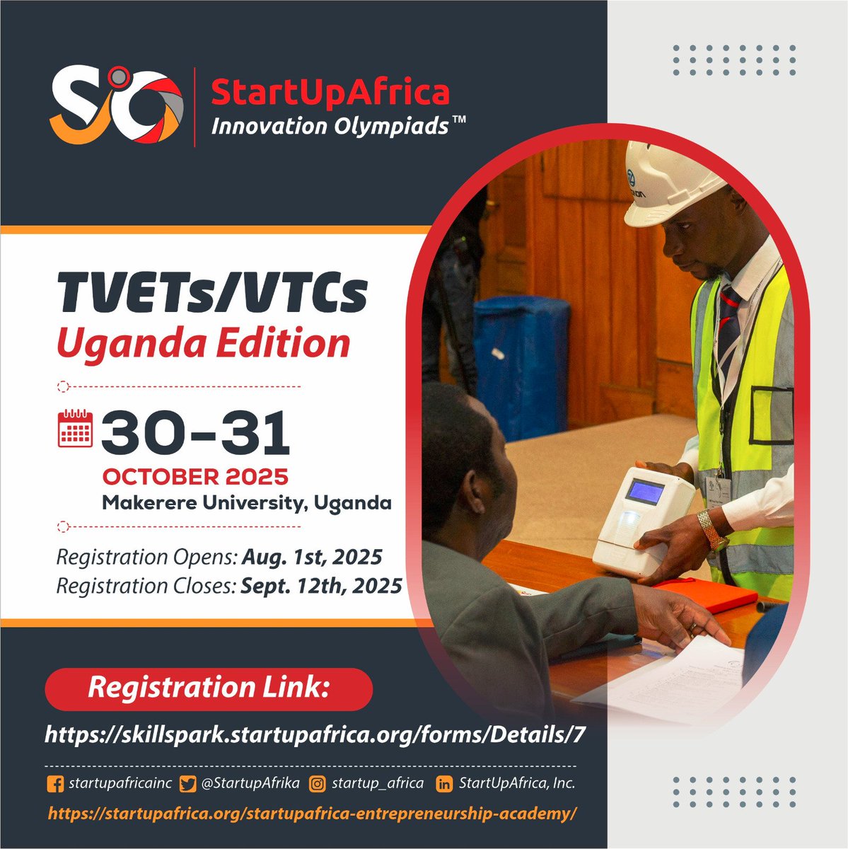 🚀✨ Calling all High School Innovators in Uganda!
The StartUpAfrica Innovation Olympiads – Uganda Edition is here! 🇺🇬
📍 Makerere University
📅 Oct 30–31, 2025

🔗 Register now: skillspark.startupafrica.org/forms/Details/7
📌 Registration closes Sept. 12th, 2025

💡 Innovate. Compete. Inspire.
