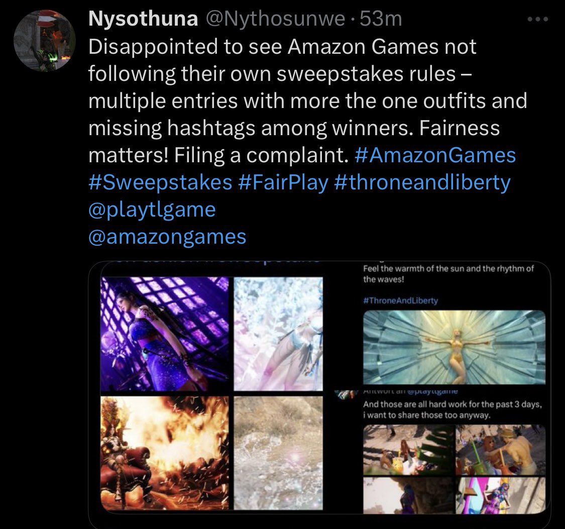 Nythosunwe's tweet photo. @playtlgame @amazongames @NCSOFT @playtlgame #fairplay #sweepstakes #throneandliberty #respecttherules #unfair #summercontest #only1entry #nohashtag https://t.co/CIVtBWqgKg