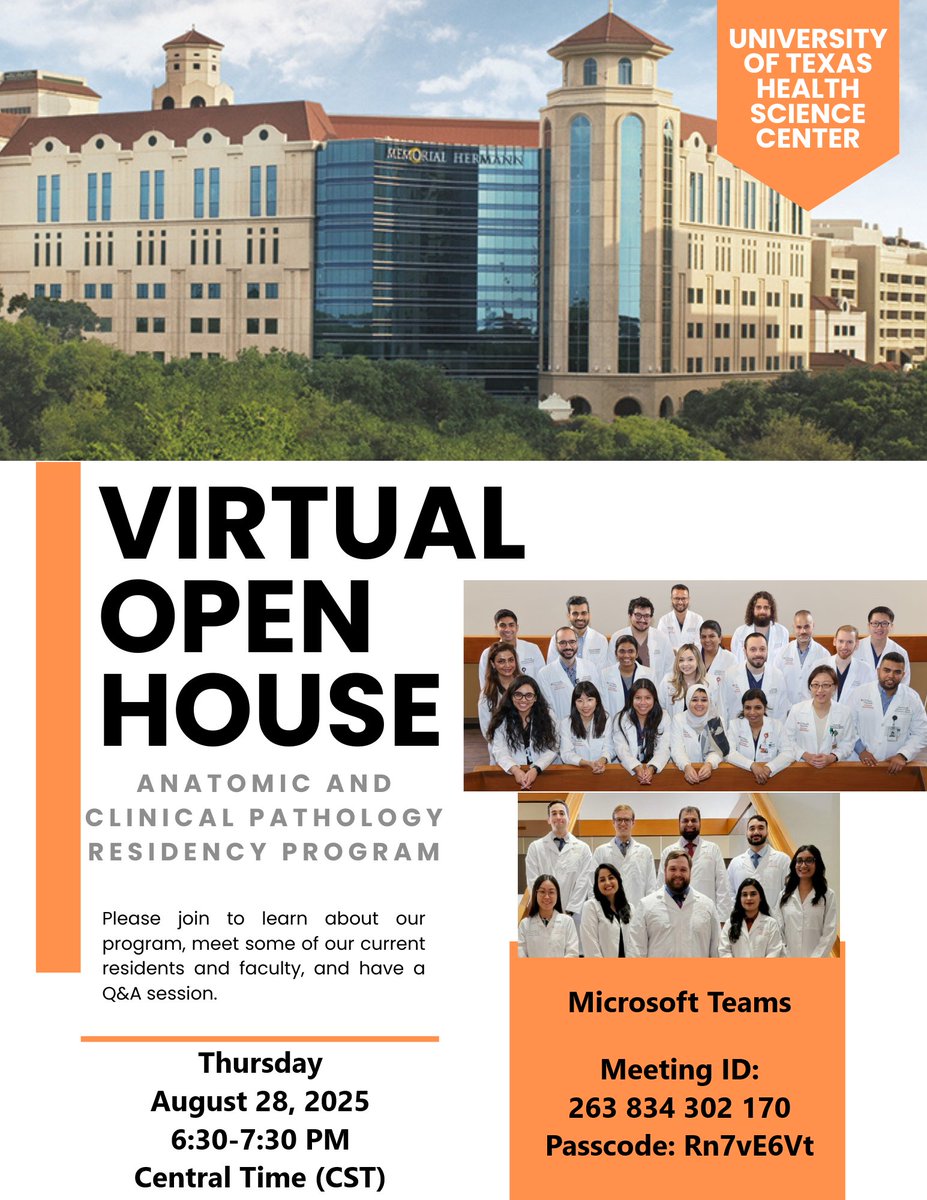 UTHoustonPath's tweet image. Join us for the #UTHoustonPath open house on 8/28/2025, 6:30-7:30 CST and learn about what makes our program a great place to study and work! We hope to see you there! 😊🔬 @Path_SIG @MatchToPath #PathMatch2026 #pathx #pathtwitter