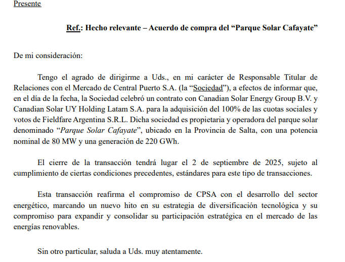 #ENERGÍA $CEPU 
Acuerdo de compra del “Parque Solar Cafayate”