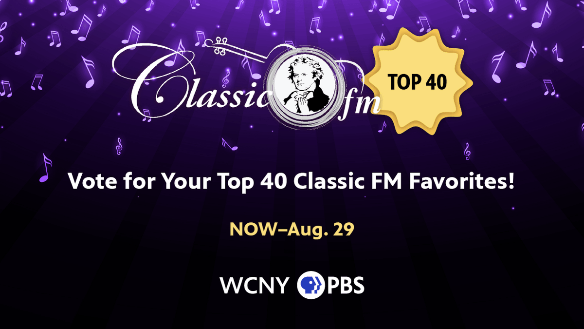 WCNYPBS's tweet image. WCNY Classic FM's Top 40 Listener Favorites poll closes in ONE WEEK! Help shape this exciting musical event by casting your vote today at wcny.org/top-40. Then, tune in on Monday, Sept. 1 at 8 a.m. to hear the countdown on Classic FM!

#WCNY #ClassicFM #Top40 #CNY #Vote