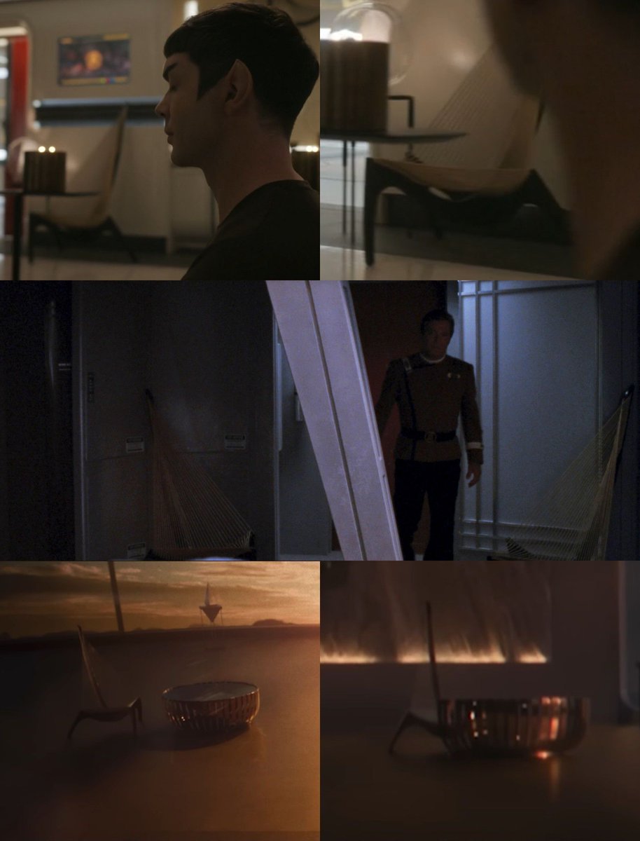 gaghyogi49's tweet photo. In #StarTrekSNW's "What is Starfleet?"↖️↗️, Spock's quarters now feature a Harp chair (designed by Jorgen Hovelskov in 1963), the same one seen in his quarters aboard the Enterprise-A in "Star Trek VI: The Undiscovered Country"➡️ and on New Vulcan in the short film "Unification"↙️↘️. 😀