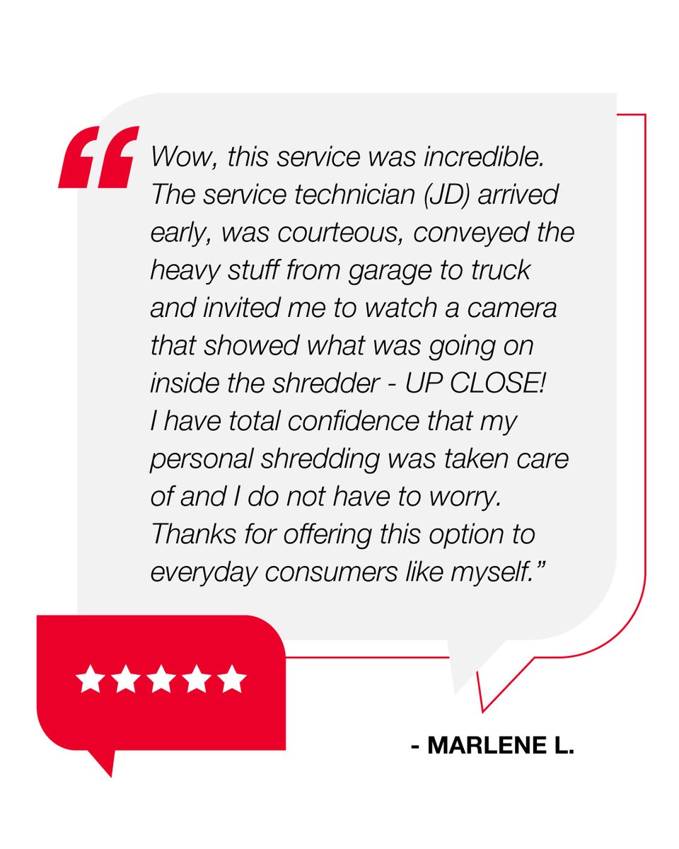 proshred's tweet photo. We’re proud to offer secure, transparent shredding to every customer. Thanks for choosing us, Marlene!

#5starreview #customerreview #customerfeedback #bestshreddingservice #shreddingexperience https://t.co/mOaF3hsgLZ