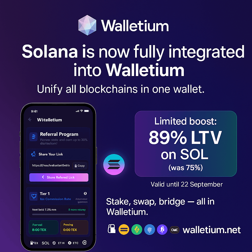 Walletium_Web3's tweet photo. 🚀 Solana is LIVE in Walletium! Stake, swap & bridge natively — all blockchains in one wallet. 🔥 Limited: 89% LTV on SOL (was 75%) until Sep 22. Earn position rewards in TEX — 5% on assets, 7% for SOL. Try now → https://t.co/VWA81L9p9A

#Walletium #Solana #SOL #DeFi #Staking #TEX #Crypto #CrossChain #PassiveIncome