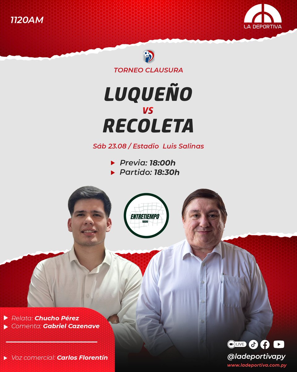 Acompañanos para el duelo entre Luqueño y Recoleta en el Luis Salinas por el Torneo Clausura.

Seguí la transmisión del partido a través del dial  #1120AM, en ladeportiva.com.py, también a través de Facebook, Youtube y TikTok.