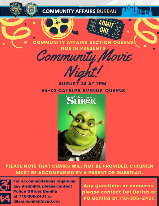 Join us at the 104th Precinct on August 24th at 7pm for our Community Movie Night!   

Bring a lawn chair, grab some snacks, and enjoy a free outdoor screening under the stars with friends, family, and neighbors!