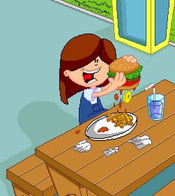 BackyardAngela's tweet image. Day 53. Angela was hungry so she ate a hamburger. (Backyard Soccer 2004)