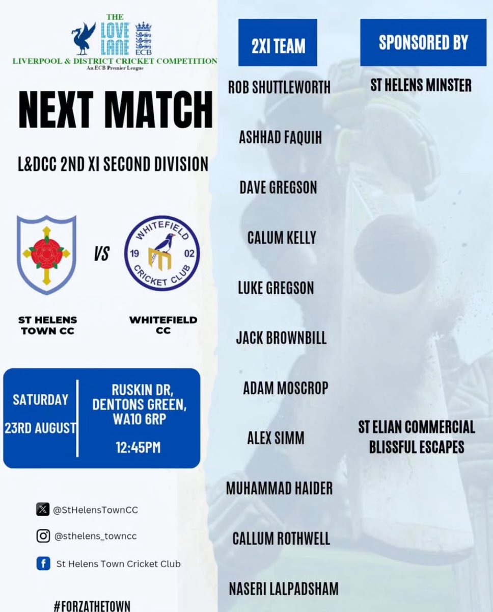 Team news as both the 1XI and 2XI look to make it another double weekend tomorrow.

1XI make the short trip to Prescot &amp; Odyssey CC and the 2XI host <a href="/WhitefieldCC/">Whitefield CC</a> 

#ForzaTown