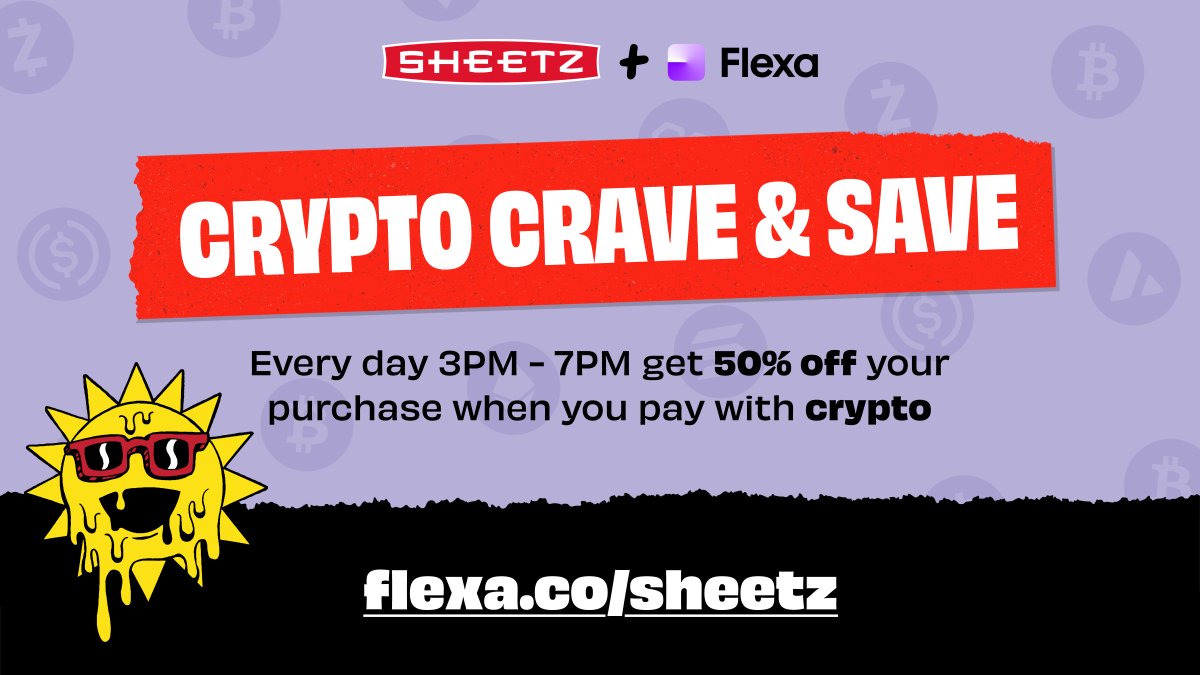 Cravings hit different between 3–7 PM ET 😏 …So, we’re making things even sweeter with 50% off when you pay with crypto at any @Sheetz! 

Full offer terms: flexa.co/sheetz