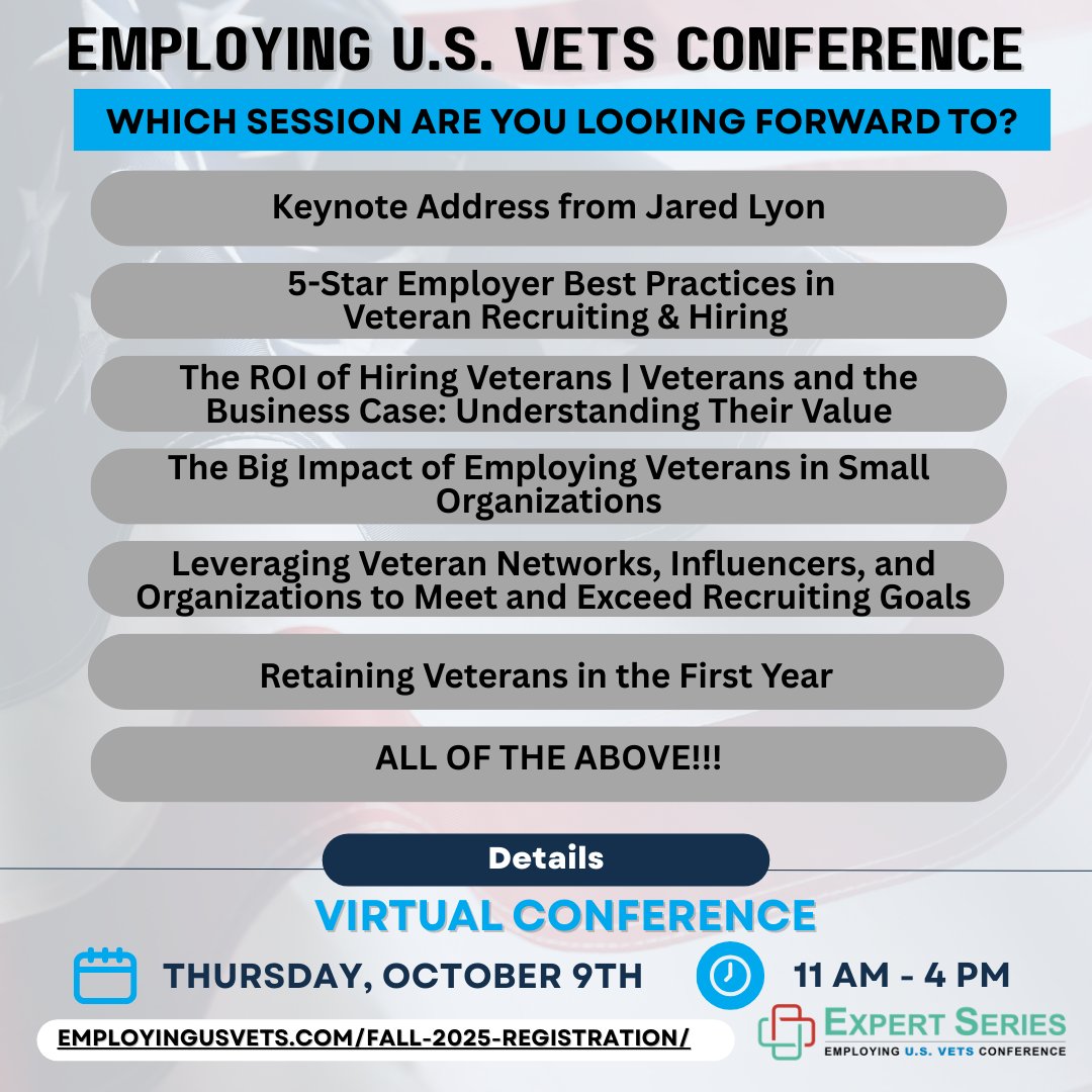 VETSIndexes's tweet image. 🚨 Less than 2 months to go! 800+ already registered for the FREE Employing U.S. Vets Virtual Conference.

Which topic are you most excited for? ⬇️

💻 Register: employingusvets.com/fall-2025-regi…

#VeteranHiring #EmployingUSVets #MilitaryTalent