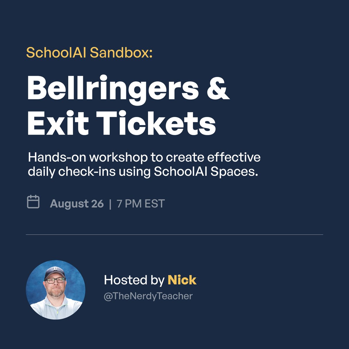 thenerdyteacher's tweet photo. Let's connect next week to talk Bellringers and Exit Tickets with @GetSchoolAI! I'm excited to see everyone, talk about back to school, and showcase amazing things you can do with Dot and SchoolAI 2.0! #withSchoolAI #SchoolAIChampions

https://t.co/HOpMb5cV5O https://t.co/GNrVQASAU1
