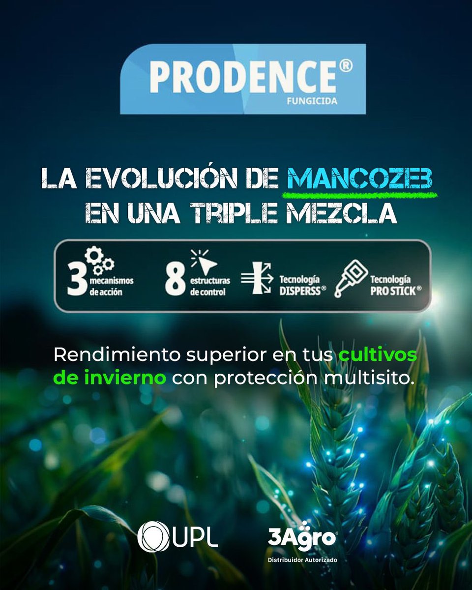 𝗣𝗥𝗢𝗗𝗘𝗡𝗖𝗘  la evolución de mancozeb en una triple mezcla.
Fungicida multisitio y sistémico único en el mercado compuesto por 𝗔𝘇𝗼𝘅𝗶𝘀𝘁𝗿𝗼𝗯𝗶𝗻 + 𝗣𝗿𝗼𝘁𝗶𝗼𝗰𝗼𝗻𝗮𝘇𝗼𝗹 + 𝗠𝗮𝗻𝗰𝗼𝘇𝗲𝗯

🦠 Ideal para control de enfermedades en cultivos de invierno. 
(👇)