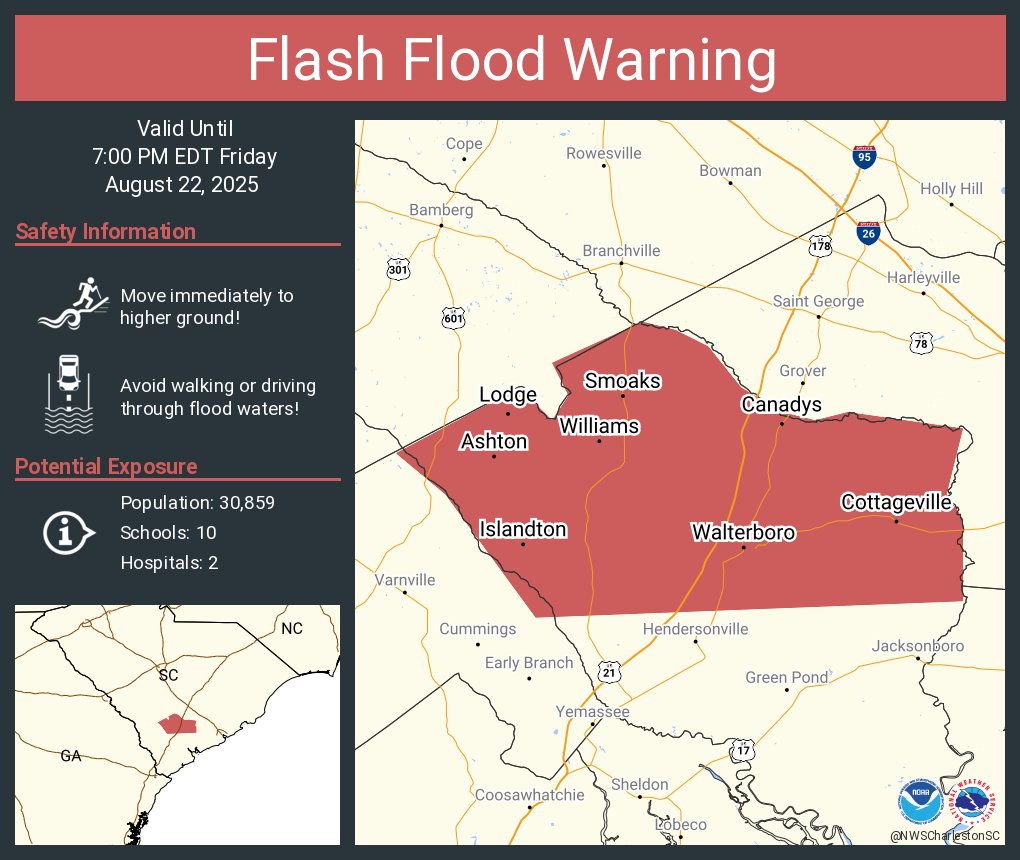 Flash Flood Warning including Walterboro SC, Cottageville SC and  Smoaks SC until 7:00 PM EDT