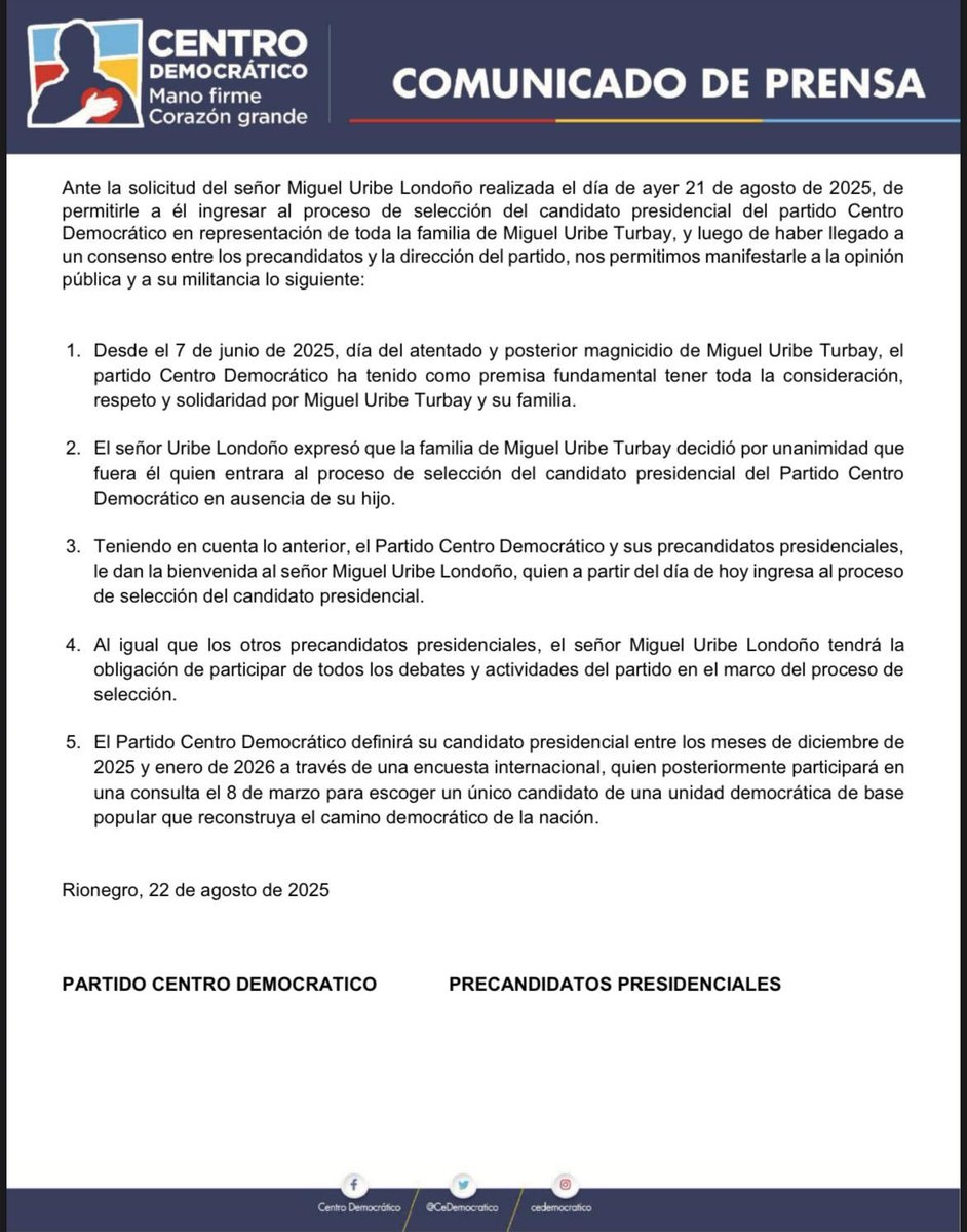 Doomo Editorial (@doomoeditorial) on Twitter photo #Política | El Partido Centro Democrático (<a href="/CeDemocratico/">Centro Democrático</a>) anunció que Miguel Uribe Londoño, padre de Miguel Uribe Turbay será el quinto precandidato presidencial del partido #Política | El Partido Centro Democrático (<a href="/CeDemocratico/">Centro Democrático</a>) anunció que Miguel Uribe Londoño, padre de Miguel Uribe Turbay será el quinto precandidato presidencial del partido