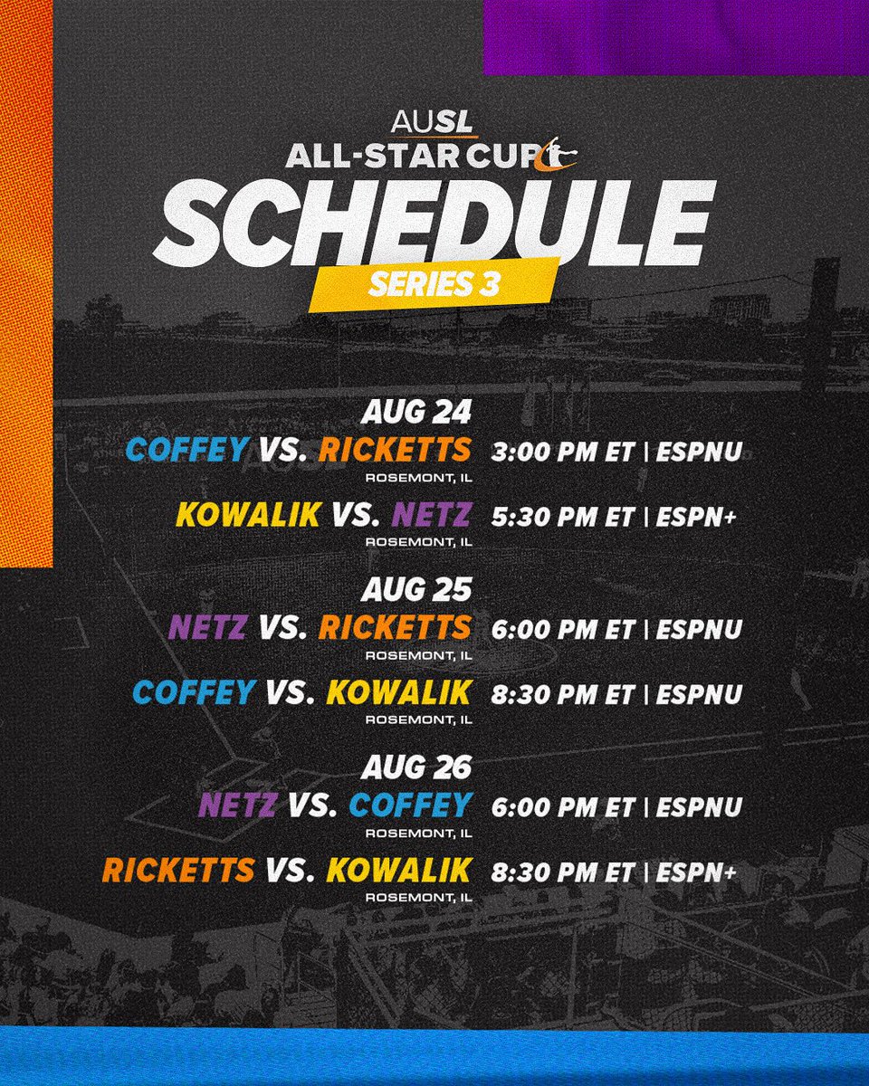 AUSL (@theauslofficial) on Twitter photo the AUSL All-Star Cup Series 3 Schedule ๐
 
๐๏ธ theausl.com/schedule the AUSL All-Star Cup Series 3 Schedule ๐
 
๐๏ธ theausl.com/schedule