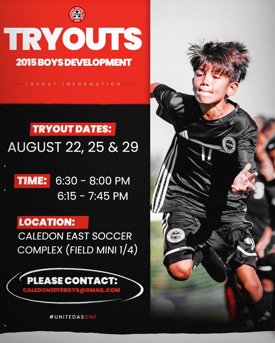 2015 Boys Development Tryouts ⚽

📅 August 22 &amp; 29 → 6:30 – 8:00 PM
📍 Caledon East Soccer Complex (Field Mini 1)

📅 August 25 → 6:15 – 7:45 PM
📍 Caledon East Soccer Complex (Field Mini 4)

📧 For more info: caledon2015boys@gmail.com

#UnitedAsOne