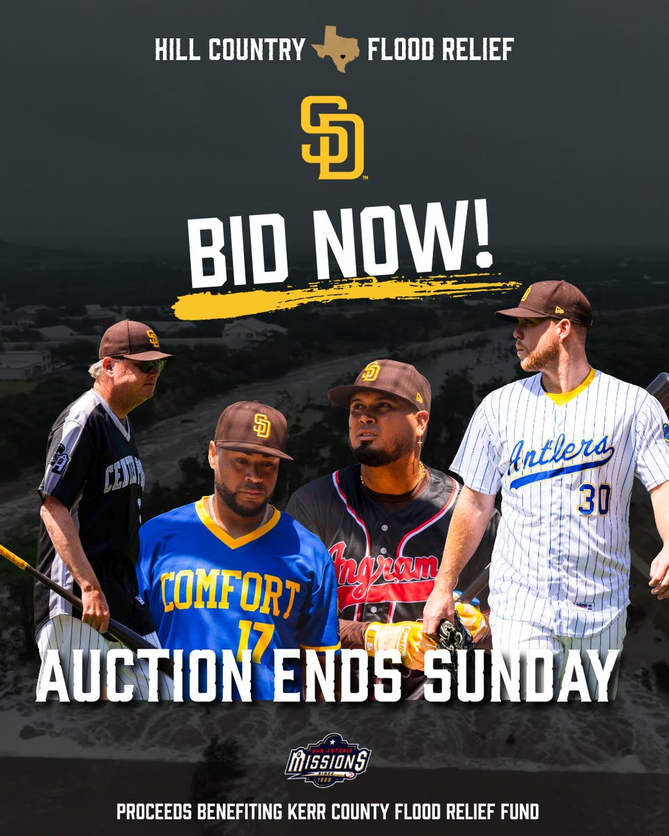 missionsmilb's tweet photo. Don't forget: The Padres player-worn &amp; signed Kerr County high school jerseys are up for auction until Sunday! Proceeds from the auction will go to our fundraising efforts for the Kerr County Flood Relief Fund.

Bid now: https://t.co/RZVxU11gOm https://t.co/uuCw5aTKp9