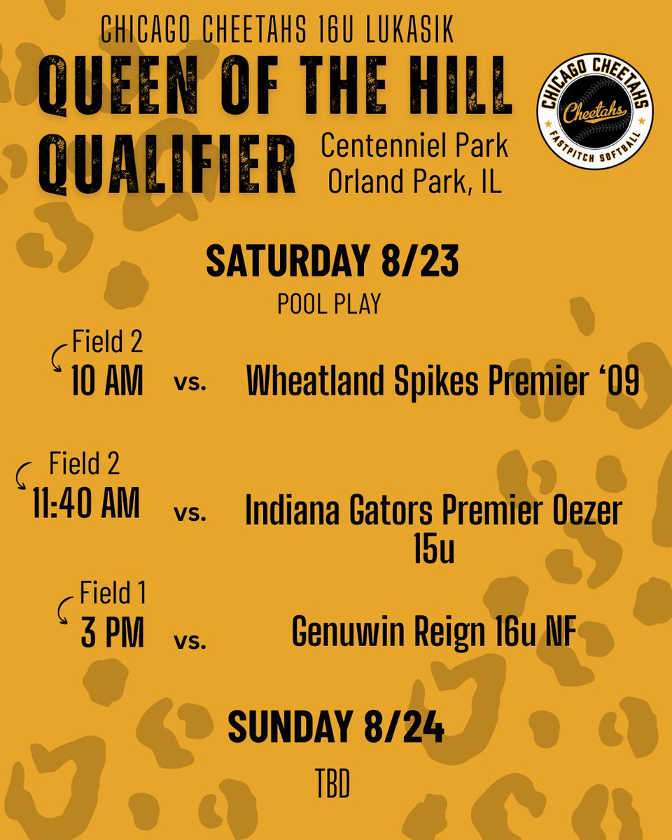 Come watch us in Orland Park for the Queen of the Hill Qualifier this weekend!
<a href="/CheetahsLukasik/">Chicago Cheetahs - CL</a> 
<a href="/joshbaer24/">Josh Baer</a> 
<a href="/BoDomeBville/">Bo Dome Bensenville</a> 
<a href="/SbCheetahs/">Chicago Cheetahs Organization</a>