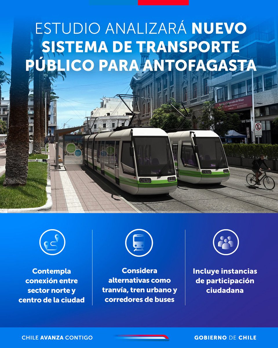 ¿Tranvía, tren, bus? 🤔

Anunciamos el estudio de prefactibilidad para un nuevo sistema de transporte público de alto estándar en Antofagasta 🚊 🚆 🚍 

El estudio definirá la mejor alternativa para responder a la alta demanda de viajes entre el norte y el centro de la ciudad.