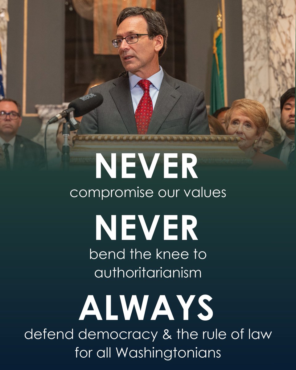 GovBobFerguson's tweet photo. Washington state is proud to be a welcoming community that values the contributions of immigrants and refugees to our economy and our cultural fabric.
We will not be bullied or intimidated by threats and legally baseless accusations from AG Bondi or President Trump. https://t.co/MDonGJ35AD