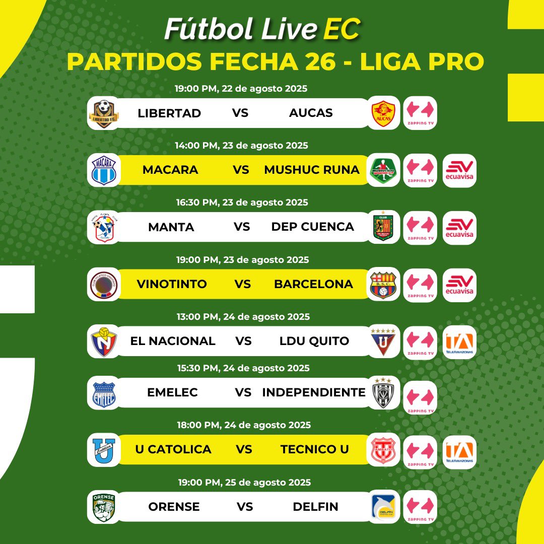 #LigaProEcuador 🇪🇨| Asi se jugará la Fecha 26 este fin de semana con el partido de la Fecha entre Emelec vs Independiente del Valle.

📲 Fecha, horarios y canales de TV.