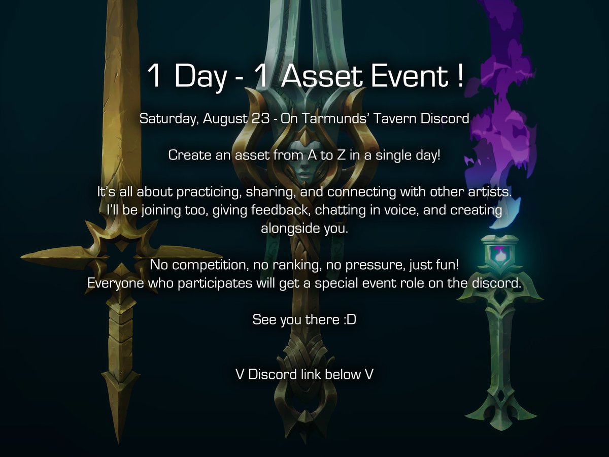 Hey, little reminder,

I'm hosting a little event to meet share and create alongside other artists :)
1 day 1 asset (everything is in the name)

Don't hesitate to come say Hi, or participate :D

Link here :
discord.gg/tarmundstavern