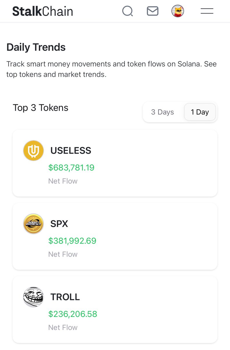 StalkChain 일일 트렌드 대시보드: 순유입 상위 Solana 토큰들 — USELESS, SPX, TROLL