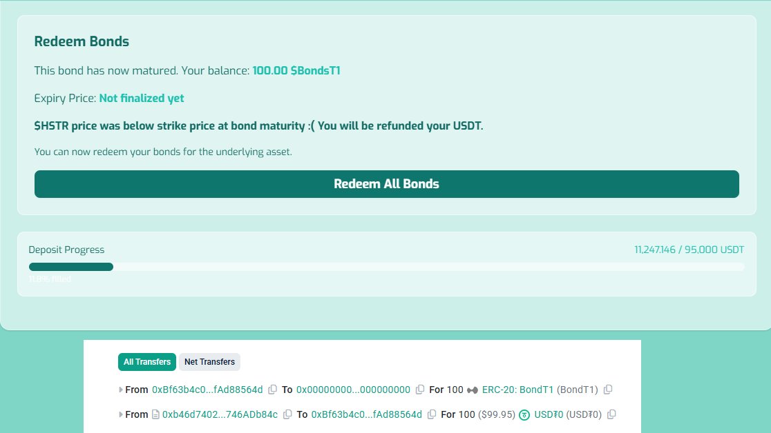 Dope to see the $HSTR bonds system fully functioning. Although we did not reach the strike price, they completed a full bond cycle without any technical problems whatsoever.

The bond system works flawlessly! Bonders get their USDT back - no harm no foul.

Onchain DATs 👏