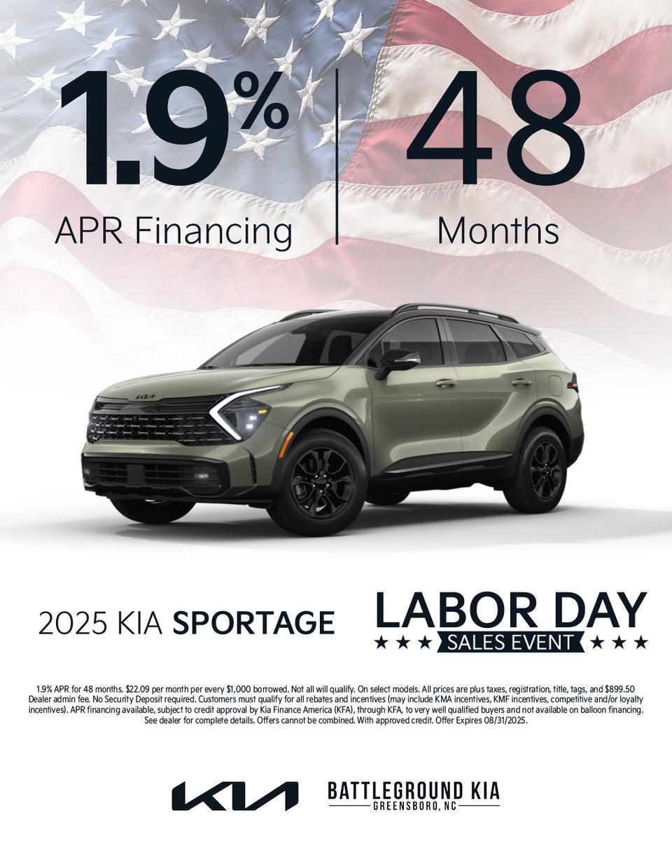 BattlegroundKia's tweet image. The Labor Day Sales Event has arrived at Battleground Kia! There’s no better time to drive home a new Kia! These offers end August 31, 2025!

Test drive your dream vehicle today: bit.ly/3VeshEZ
#BattlegroundKia #LaborDaySales #KiaDeals #GreensboroNC