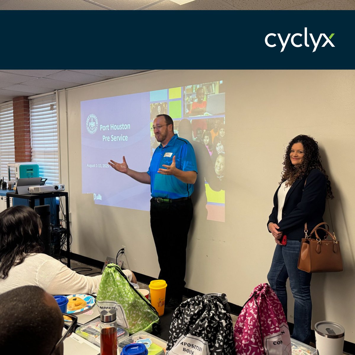 CyclyxCo's tweet photo. As a Houston-based company supporting the circular economy, we strive to be good neighbors. 

Earlier this month, Cyclyx team members hosted breakfast at Port Houston Elementary School as teachers prepared for the new academic year. During the visit, we had the opportunity to get to know more about each other and how we can work together moving forward.