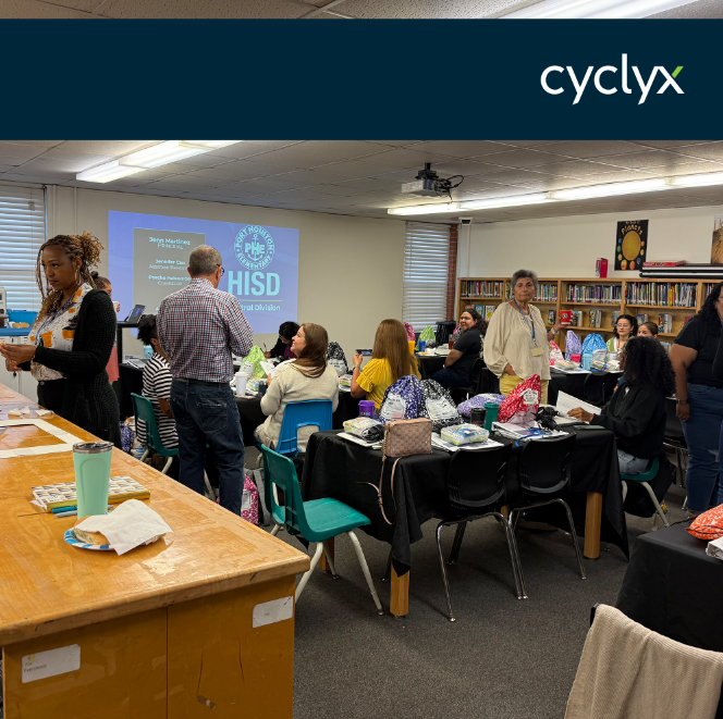 CyclyxCo's tweet photo. As a Houston-based company supporting the circular economy, we strive to be good neighbors. 

Earlier this month, Cyclyx team members hosted breakfast at Port Houston Elementary School as teachers prepared for the new academic year. During the visit, we had the opportunity to get to know more about each other and how we can work together moving forward.