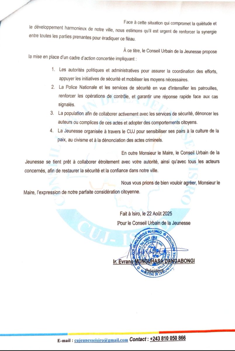 Isiro Yetu (@isiroyetu) on Twitter photo 🚨‼️ #ISIRO : Le Conseil Urbain de la Jeunesse d'Isiro très préoccupé par l'insécurité incessante et grandissante à travers la Cité d'Anoalite. Ainsi, Il appelle les autorités compétentes à prendre les mesures idoines afin de maintenir la quiétude urbaine.
<a href="/DuUele/">Province du Haut - Uélé</a> <a href="/JulesAtuba/">Jules Magbay Atuba</a> 🚨‼️ #ISIRO : Le Conseil Urbain de la Jeunesse d'Isiro très préoccupé par l'insécurité incessante et grandissante à travers la Cité d'Anoalite. Ainsi, Il appelle les autorités compétentes à prendre les mesures idoines afin de maintenir la quiétude urbaine.
<a href="/DuUele/">Province du Haut - Uélé</a> <a href="/JulesAtuba/">Jules Magbay Atuba</a>