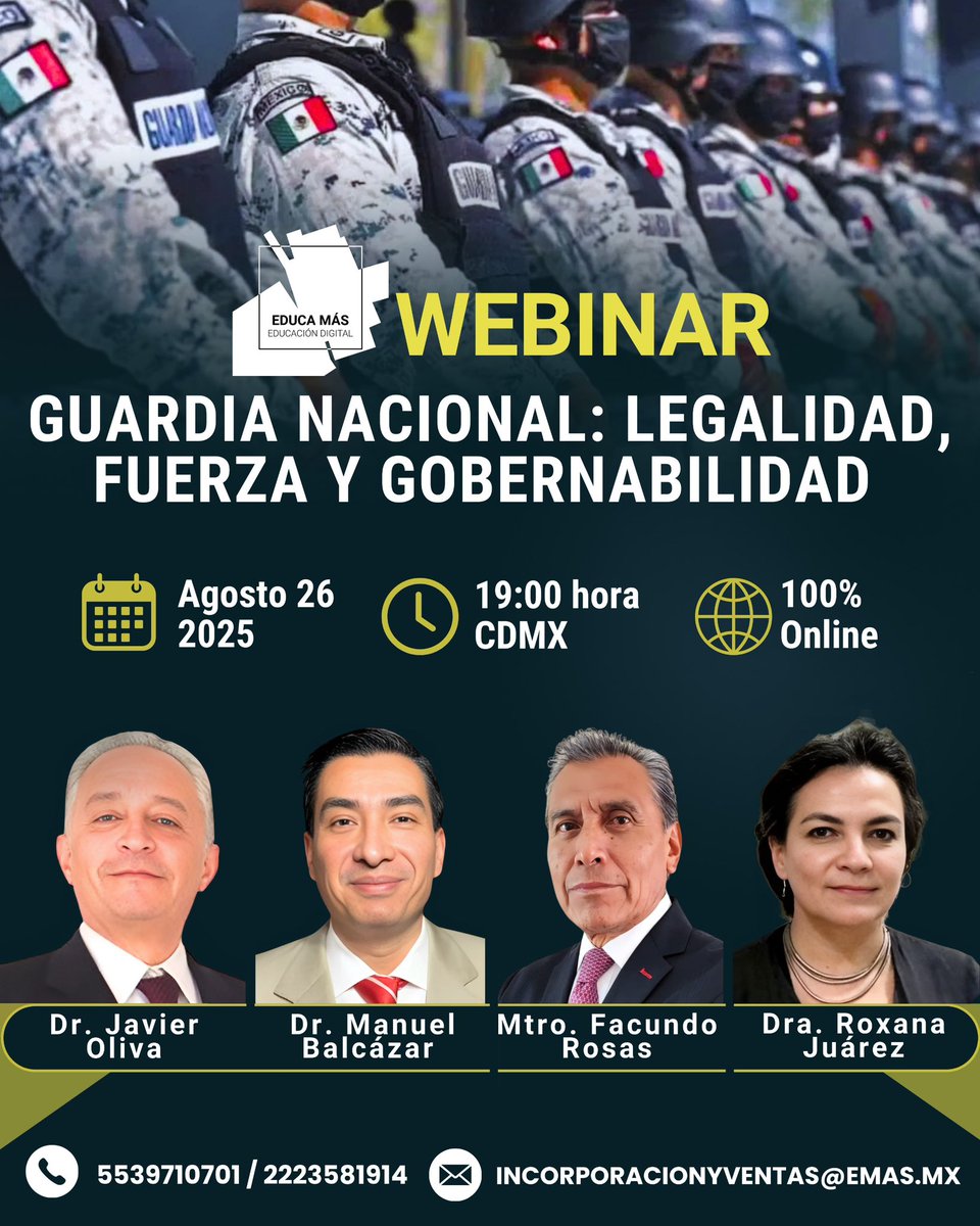 Registro sin costo 🔗 us06web.zoom.us/webinar/regist…
🎤 Presentamos a los ponentes del webinar Guardia Nacional: Legalidad, Fuerza y Gobernabilidad.

📅 26 de abril | 🕖 19:00 hrs CDMX | 💻 100% online
Evento sin costo 🛡️

#GuardiaNacional #Seguridad #Gobernabilidad #EducaMás