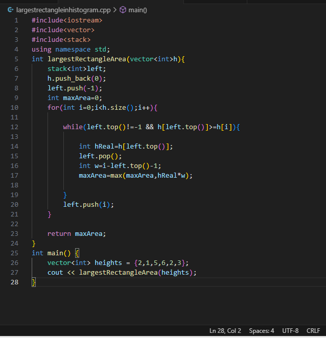 DEV_ARPAN2's tweet photo. This is the code for ~ "Largest Rectangle in Histogram"  this is a standard problem for stack . You can attempt this problem if you are done with your basics . Go and smash this medium level problem...
#dsa #frenchTECh #100daysofcode #codingjourney #capgemini #FAANG https://t.co/QQNSn4AK9n